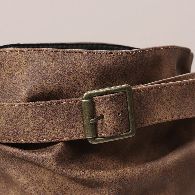 Bootara Women's Matte PU Buckle-Detailed Slouch Boots - Crushed Texture Stacked Mid-Calf Flat Boots (US 5-10.5)