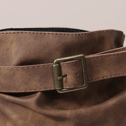 Bootara Women's Matte PU Buckle-Detailed Slouch Boots - Crushed Texture Stacked Mid-Calf Flat Boots (US 5-10.5)